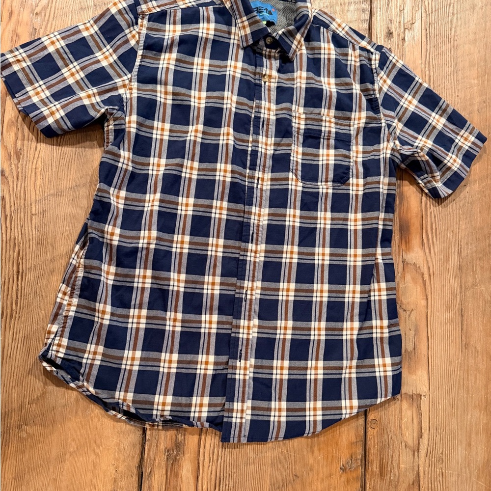 Betabrand Blue and Brown Plaid Button Down Shirt